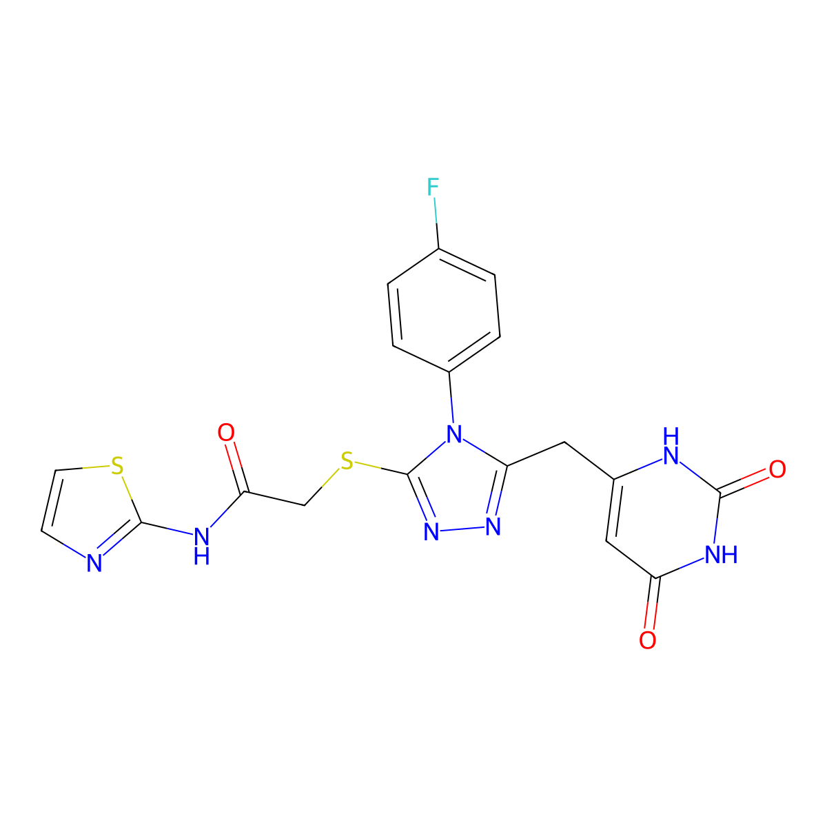 2-((5-((2,6-dioxo-1,2,3,6-tetrahydropyrimidin-4-yl)methyl)-4-(4-fluorophenyl)-4H-1,2,4-triazol-3-yl)thio)-N-(thiazol-2-yl)acetamide molecular structure, CAS 852154-32-6