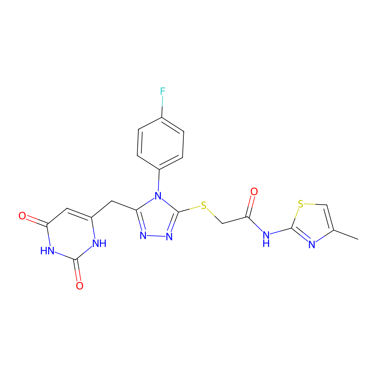 2-((5-((2,6-dioxo-1,2,3,6-tetrahydropyrimidin-4-yl)methyl)-4-(4-fluorophenyl)-4H-1,2,4-triazol-3-yl)thio)-N-(4-methylthiazol-2-yl)acetamide molecular structure, CAS 852154-33-7