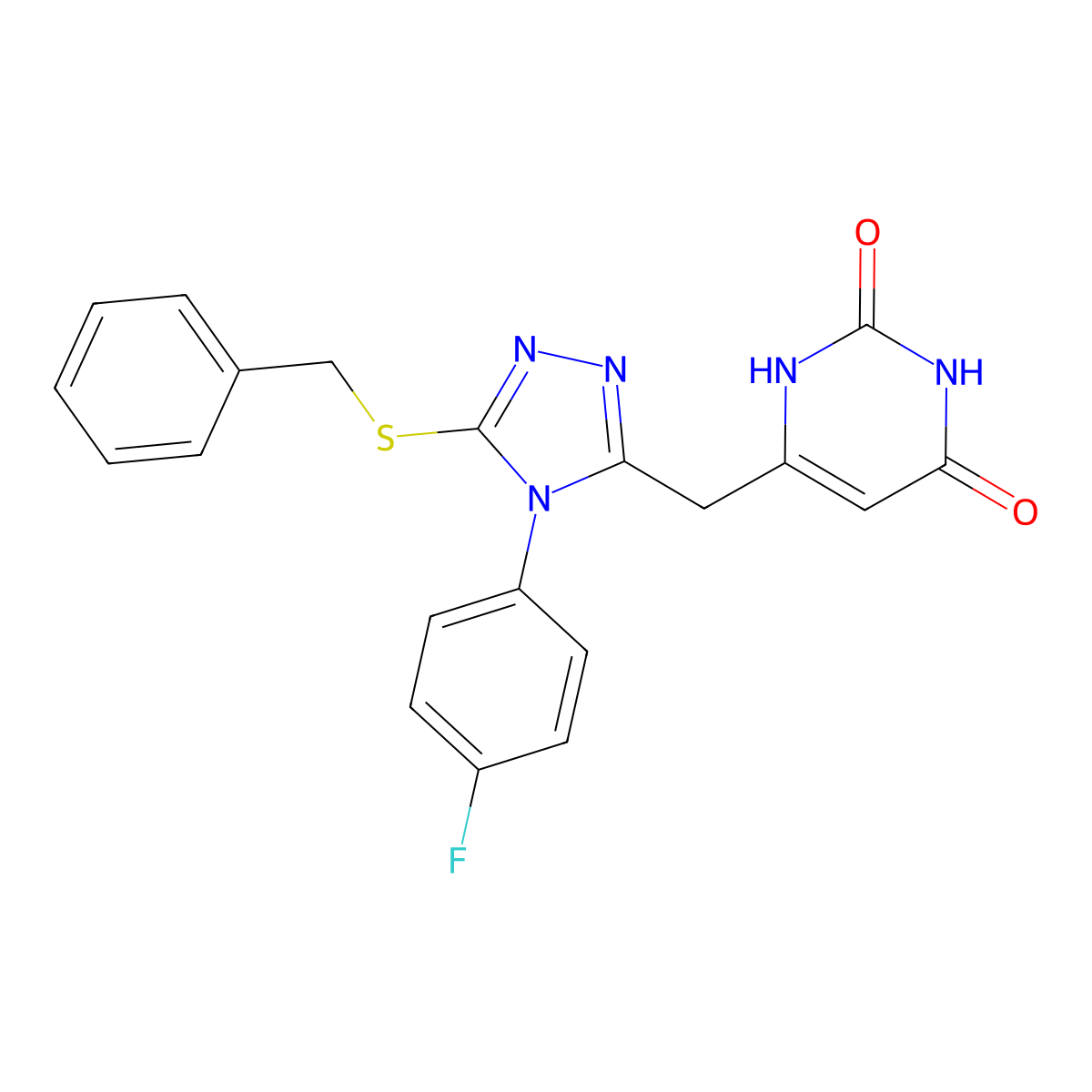 6-((5-(benzylthio)-4-(4-fluorophenyl)-4H-1,2,4-triazol-3-yl)methyl)pyrimidine-2,4(1H,3H)-dione molecular structure, CAS 852154-37-1