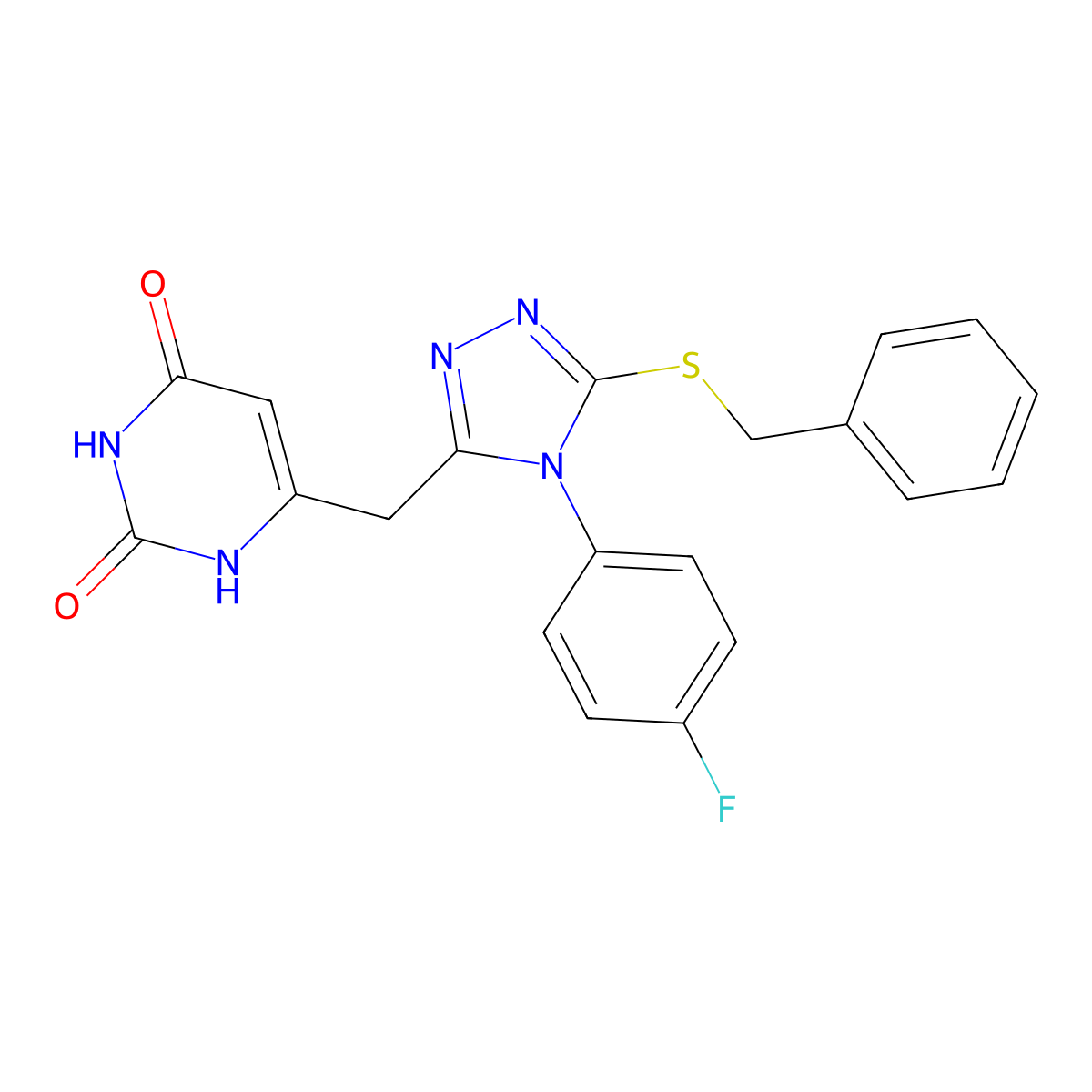 6-((5-(benzylthio)-4-(4-fluorophenyl)-4H-1,2,4-triazol-3-yl)methyl)pyrimidine-2,4(1H,3H)-dione molecular structure, CAS 852154-37-1