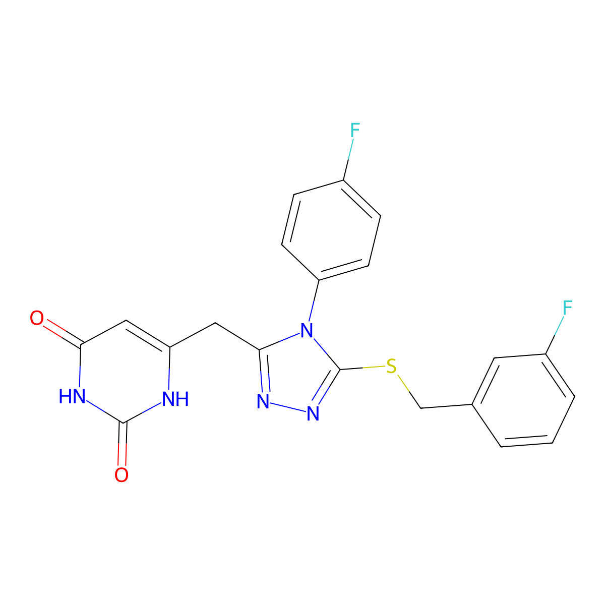 6-((5-((3-fluorobenzyl)thio)-4-(4-fluorophenyl)-4H-1,2,4-triazol-3-yl)methyl)pyrimidine-2,4(1H,3H)-dione molecular structure, CAS 852154-38-2