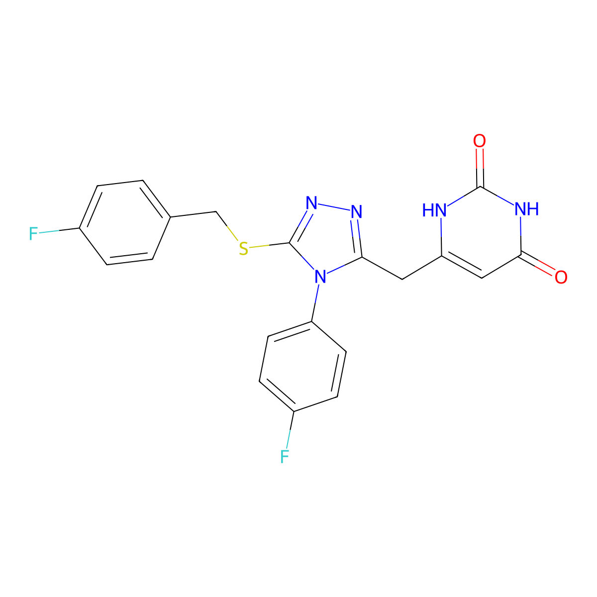 6-((5-((4-fluorobenzyl)thio)-4-(4-fluorophenyl)-4H-1,2,4-triazol-3-yl)methyl)pyrimidine-2,4(1H,3H)-dione molecular structure, CAS 852154-39-3