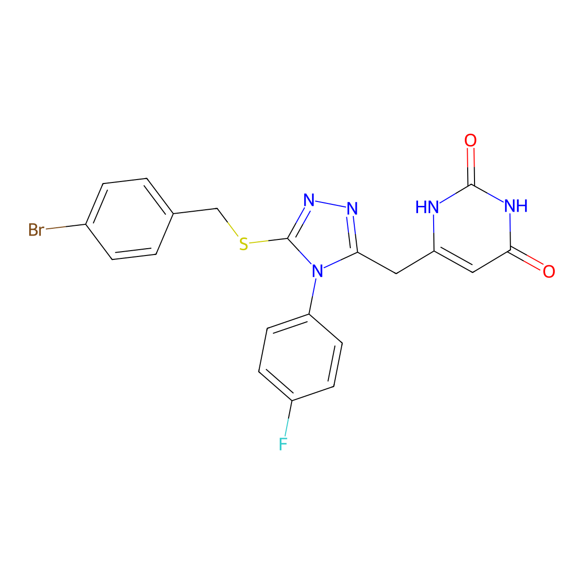 6-((5-((4-bromobenzyl)thio)-4-(4-fluorophenyl)-4H-1,2,4-triazol-3-yl)methyl)pyrimidine-2,4(1H,3H)-dione molecular structure, CAS 852154-40-6