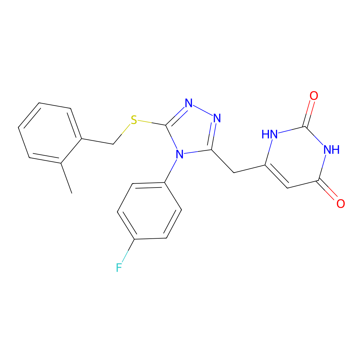 6-[[4-(4-fluorophenyl)-5-[(2-methylphenyl)methylsulfanyl]-1,2,4-triazol-3-yl]methyl]-1H-pyrimidine-2,4-dione molecular structure, CAS 852154-41-7