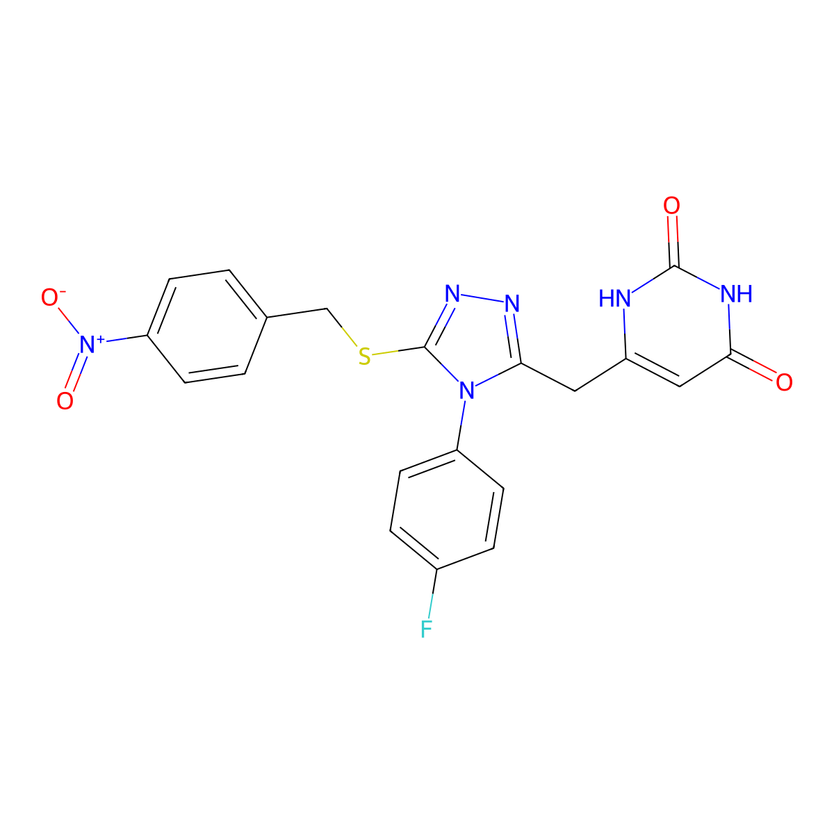 6-((4-(4-fluorophenyl)-5-((4-nitrobenzyl)thio)-4H-1,2,4-triazol-3-yl)methyl)pyrimidine-2,4(1H,3H)-dione molecular structure, CAS 852154-43-9
