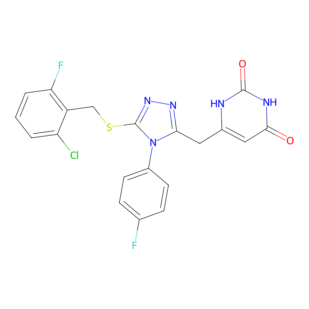 6-[[5-[(2-chloro-6-fluorophenyl)methylsulfanyl]-4-(4-fluorophenyl)-1,2,4-triazol-3-yl]methyl]-1H-pyrimidine-2,4-dione molecular structure, CAS 852154-44-0