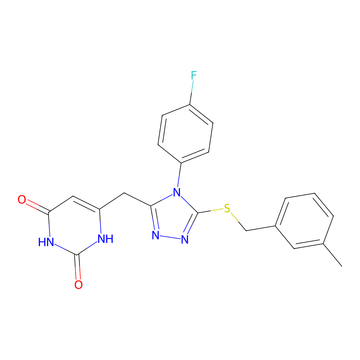 6-((4-(4-fluorophenyl)-5-((3-methylbenzyl)thio)-4H-1,2,4-triazol-3-yl)methyl)pyrimidine-2,4(1H,3H)-dione molecular structure, CAS 852154-45-1