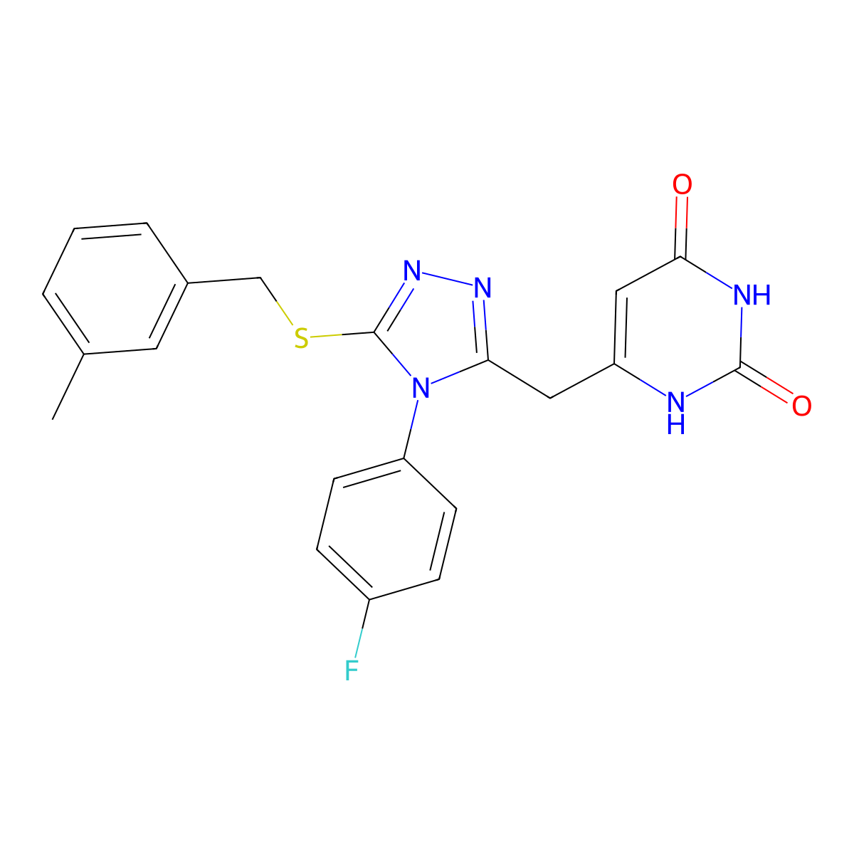 6-((4-(4-fluorophenyl)-5-((3-methylbenzyl)thio)-4H-1,2,4-triazol-3-yl)methyl)pyrimidine-2,4(1H,3H)-dione molecular structure, CAS 852154-45-1