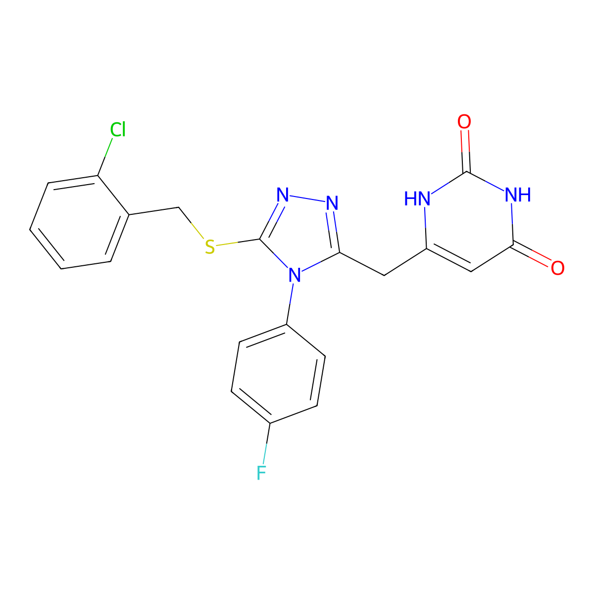 6-((5-((2-chlorobenzyl)thio)-4-(4-fluorophenyl)-4H-1,2,4-triazol-3-yl)methyl)pyrimidine-2,4(1H,3H)-dione molecular structure, CAS 852154-46-2