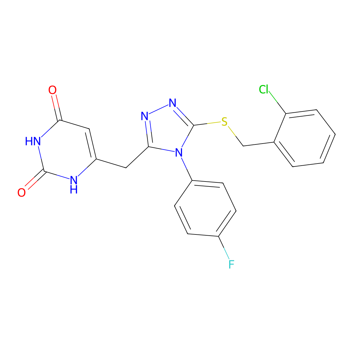 6-((5-((2-chlorobenzyl)thio)-4-(4-fluorophenyl)-4H-1,2,4-triazol-3-yl)methyl)pyrimidine-2,4(1H,3H)-dione molecular structure, CAS 852154-46-2