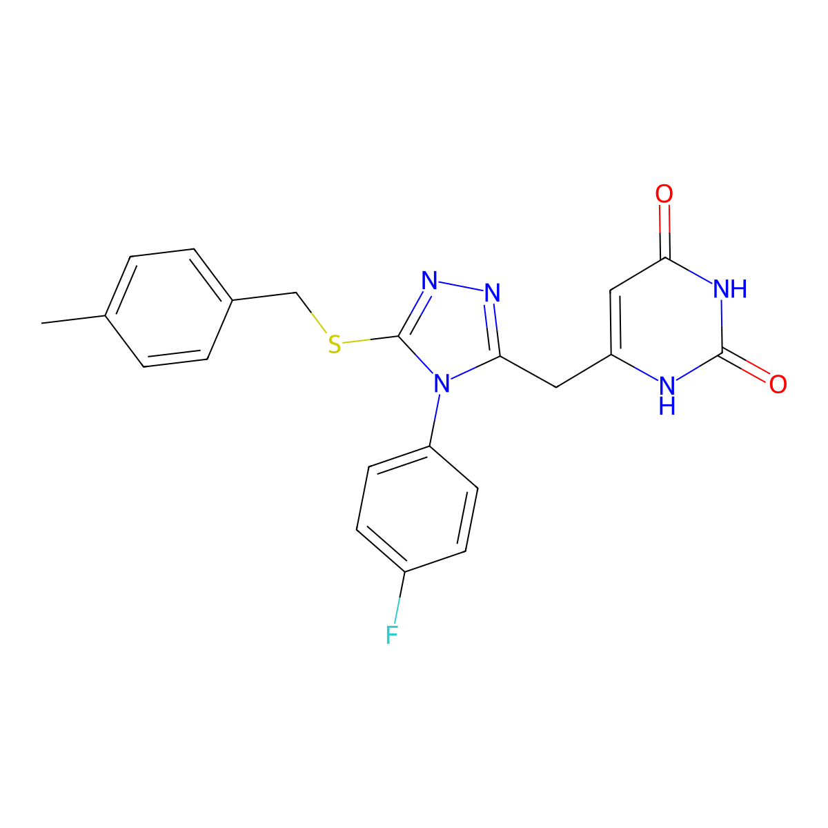 6-[[4-(4-fluorophenyl)-5-[(4-methylphenyl)methylsulfanyl]-1,2,4-triazol-3-yl]methyl]-1H-pyrimidine-2,4-dione molecular structure, CAS 852154-48-4