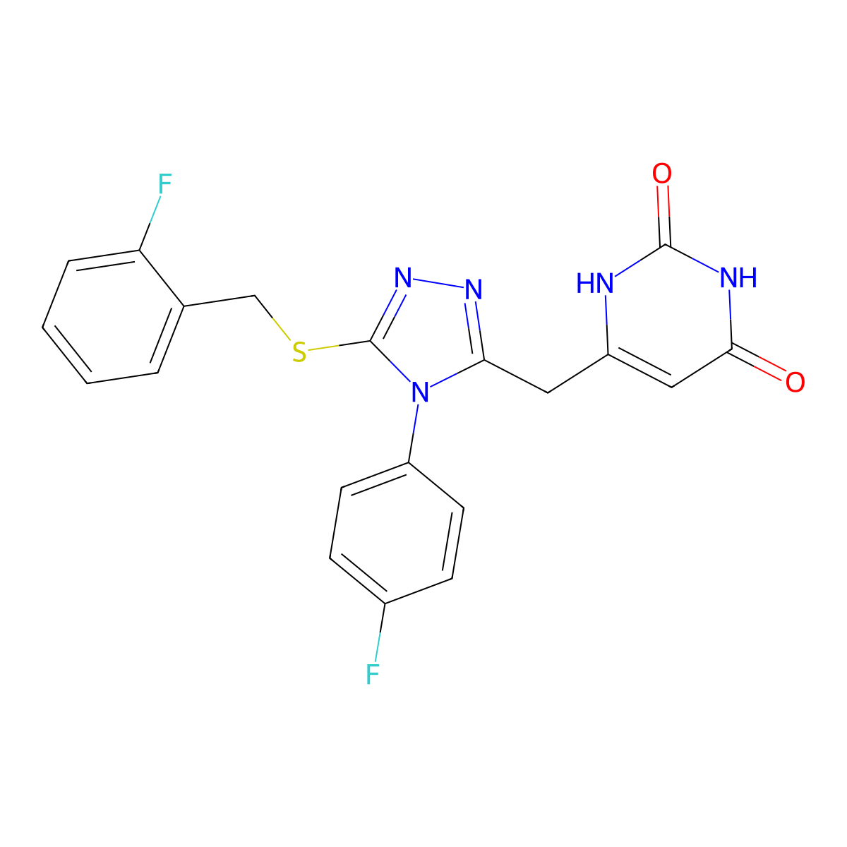 6-((5-((2-fluorobenzyl)thio)-4-(4-fluorophenyl)-4H-1,2,4-triazol-3-yl)methyl)pyrimidine-2,4(1H,3H)-dione molecular structure, CAS 852154-49-5