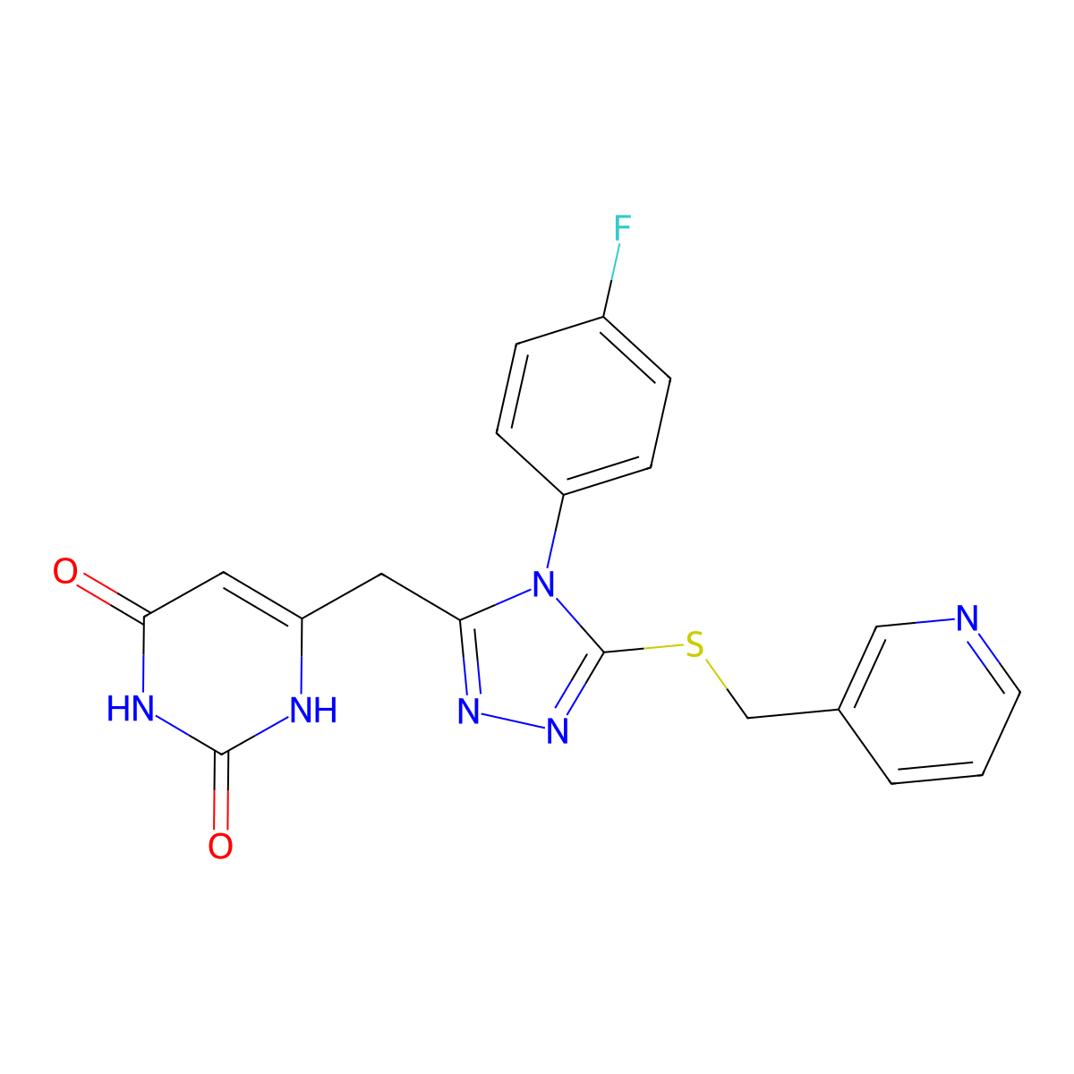 6-((4-(4-fluorophenyl)-5-((pyridin-3-ylmethyl)thio)-4H-1,2,4-triazol-3-yl)methyl)pyrimidine-2,4(1H,3H)-dione molecular structure, CAS 852154-50-8