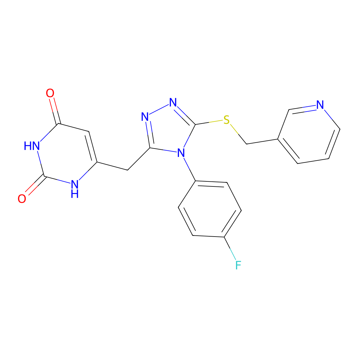 6-((4-(4-fluorophenyl)-5-((pyridin-3-ylmethyl)thio)-4H-1,2,4-triazol-3-yl)methyl)pyrimidine-2,4(1H,3H)-dione molecular structure, CAS 852154-50-8