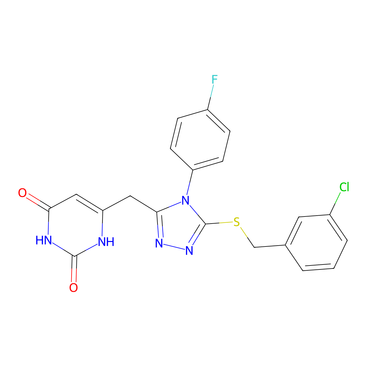 6-((5-((3-chlorobenzyl)thio)-4-(4-fluorophenyl)-4H-1,2,4-triazol-3-yl)methyl)pyrimidine-2,4(1H,3H)-dione molecular structure, CAS 852154-51-9