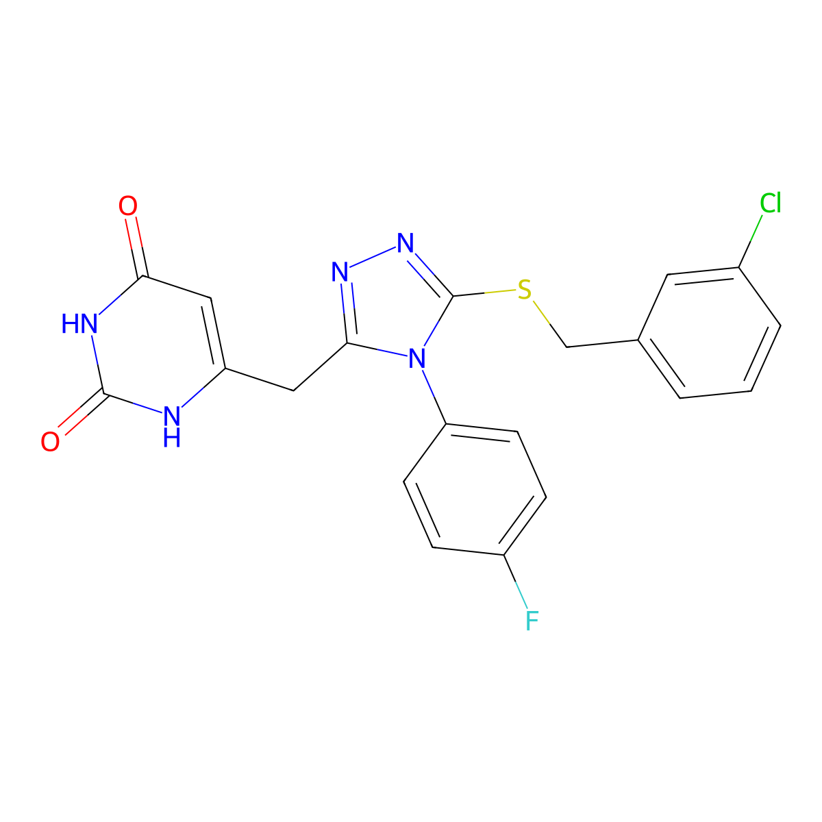 6-((5-((3-chlorobenzyl)thio)-4-(4-fluorophenyl)-4H-1,2,4-triazol-3-yl)methyl)pyrimidine-2,4(1H,3H)-dione molecular structure, CAS 852154-51-9