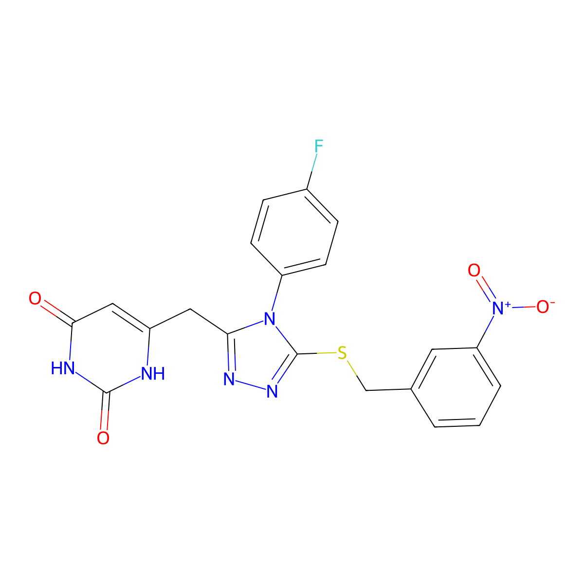 6-((4-(4-fluorophenyl)-5-((3-nitrobenzyl)thio)-4H-1,2,4-triazol-3-yl)methyl)pyrimidine-2,4(1H,3H)-dione molecular structure, CAS 852154-52-0