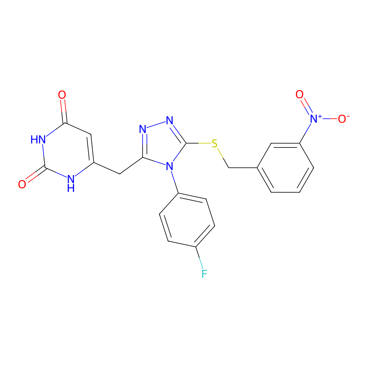 6-((4-(4-fluorophenyl)-5-((3-nitrobenzyl)thio)-4H-1,2,4-triazol-3-yl)methyl)pyrimidine-2,4(1H,3H)-dione molecular structure, CAS 852154-52-0