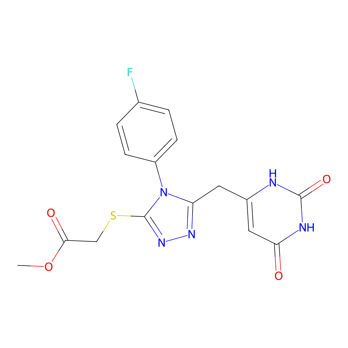 methyl 2-((5-((2,6-dioxo-1,2,3,6-tetrahydropyrimidin-4-yl)methyl)-4-(4-fluorophenyl)-4H-1,2,4-triazol-3-yl)thio)acetate molecular structure, CAS 852154-53-1