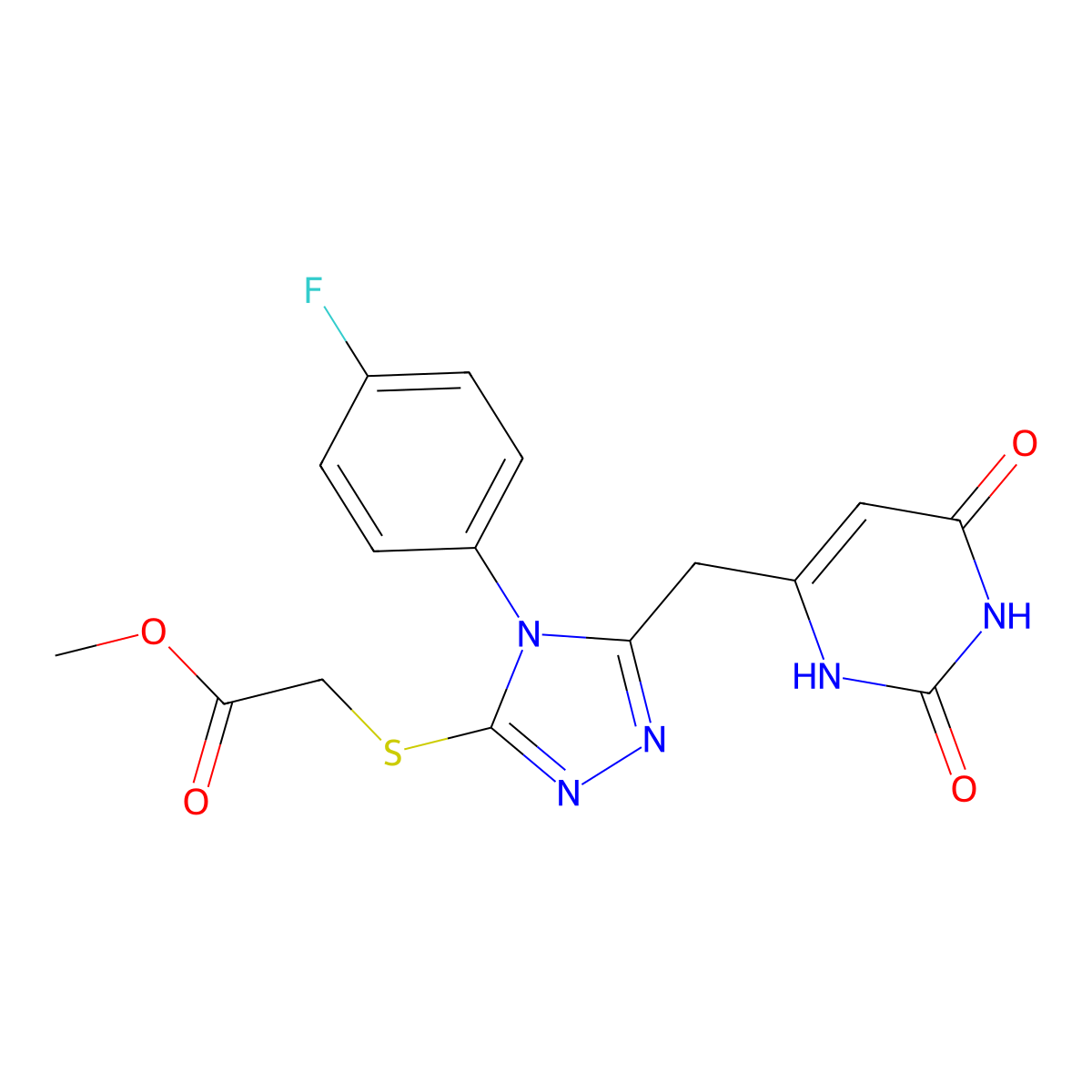 methyl 2-((5-((2,6-dioxo-1,2,3,6-tetrahydropyrimidin-4-yl)methyl)-4-(4-fluorophenyl)-4H-1,2,4-triazol-3-yl)thio)acetate molecular structure, CAS 852154-53-1