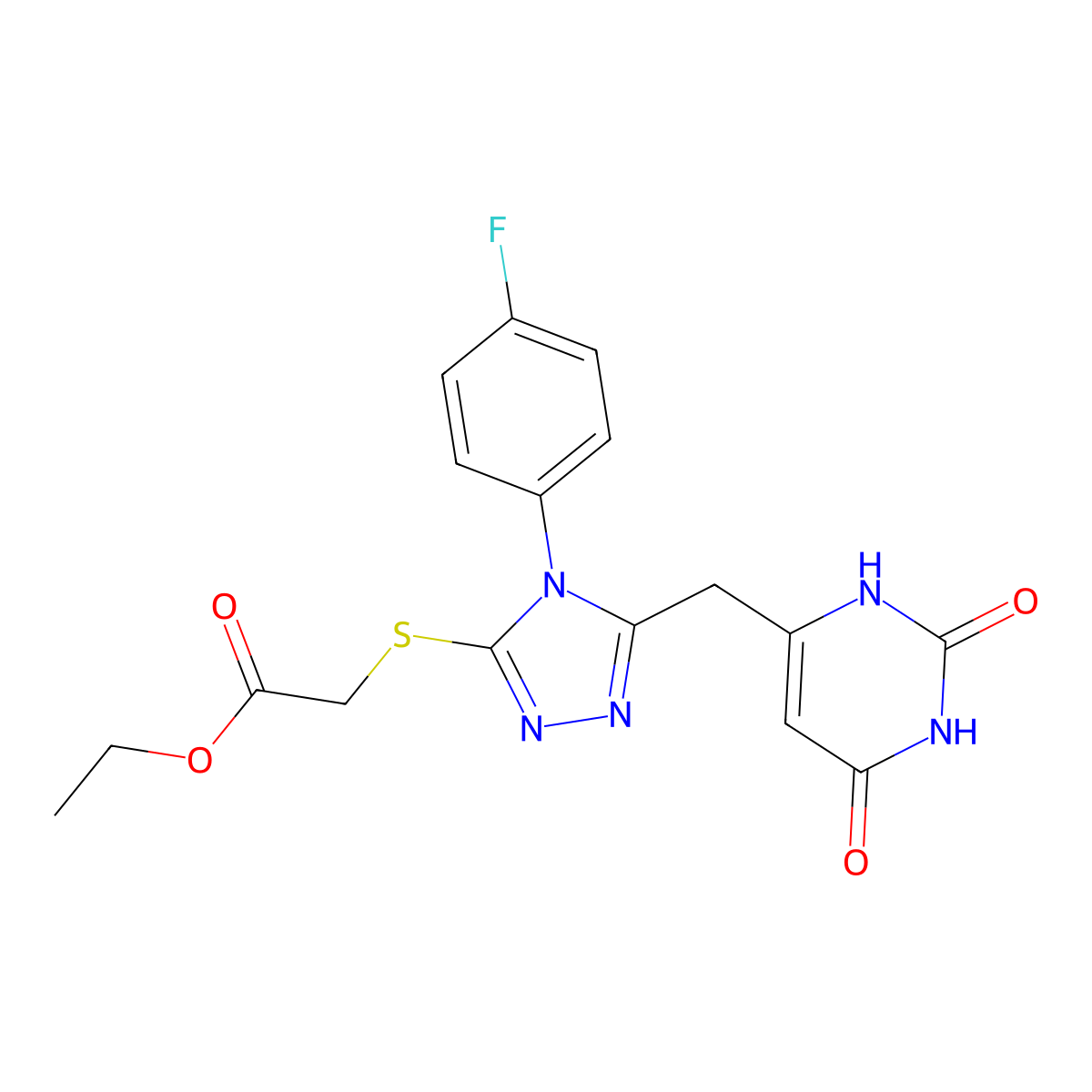 ethyl 2-[[5-[(2,4-dioxo-1H-pyrimidin-6-yl)methyl]-4-(4-fluorophenyl)-1,2,4-triazol-3-yl]sulfanyl]acetate molecular structure, CAS 852154-54-2