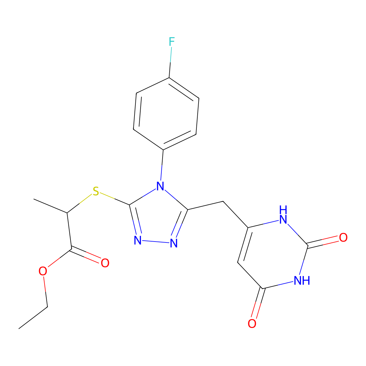 ethyl 2-((5-((2,6-dioxo-1,2,3,6-tetrahydropyrimidin-4-yl)methyl)-4-(4-fluorophenyl)-4H-1,2,4-triazol-3-yl)thio)propanoate molecular structure, CAS 852154-55-3