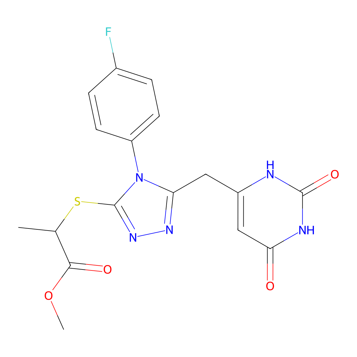 methyl 2-((5-((2,6-dioxo-1,2,3,6-tetrahydropyrimidin-4-yl)methyl)-4-(4-fluorophenyl)-4H-1,2,4-triazol-3-yl)thio)propanoate molecular structure, CAS 852154-56-4