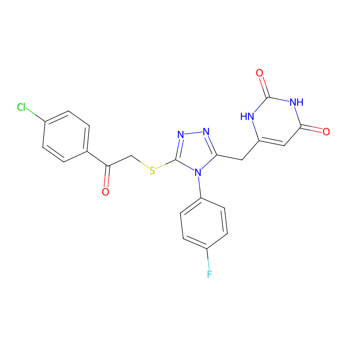 6-((5-((2-(4-chlorophenyl)-2-oxoethyl)thio)-4-(4-fluorophenyl)-4H-1,2,4-triazol-3-yl)methyl)pyrimidine-2,4(1H,3H)-dione molecular structure, CAS 852154-58-6
