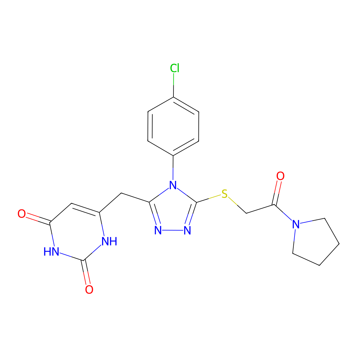 6-((4-(4-chlorophenyl)-5-((2-oxo-2-(pyrrolidin-1-yl)ethyl)thio)-4H-1,2,4-triazol-3-yl)methyl)pyrimidine-2,4(1H,3H)-dione molecular structure, CAS 852154-65-5