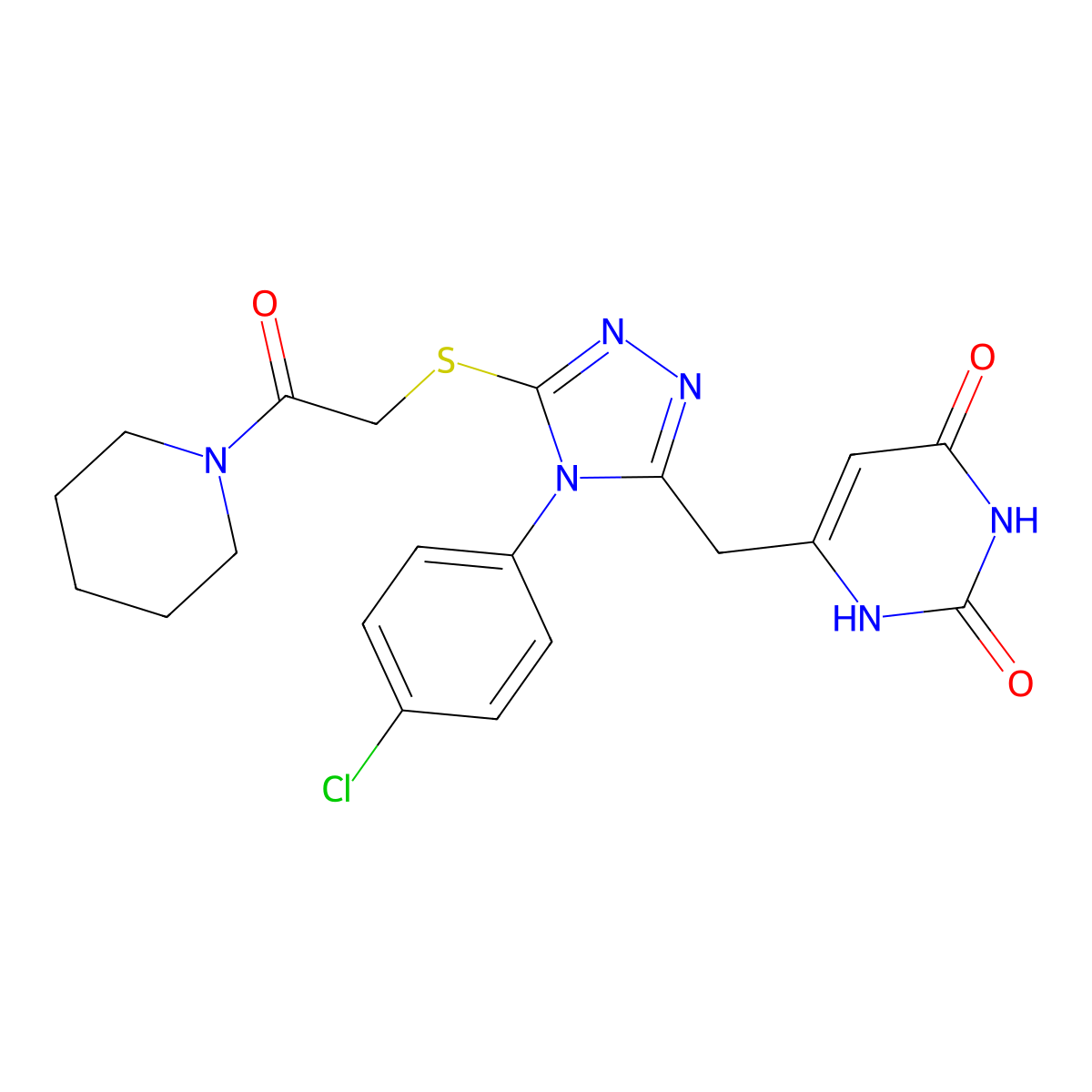 6-((4-(4-chlorophenyl)-5-((2-oxo-2-(piperidin-1-yl)ethyl)thio)-4H-1,2,4-triazol-3-yl)methyl)pyrimidine-2,4(1H,3H)-dione molecular structure, CAS 852154-66-6
