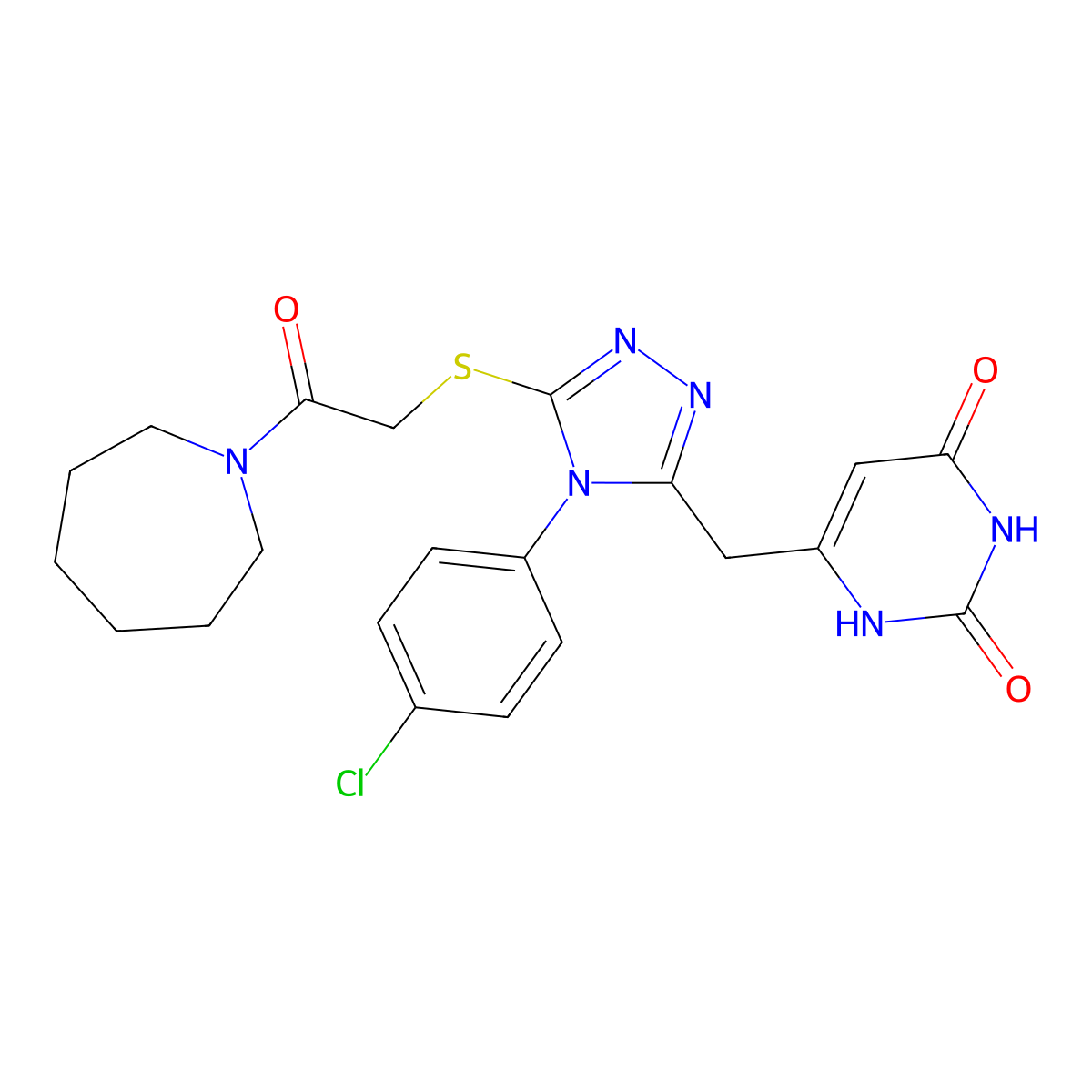 6-((5-((2-(azepan-1-yl)-2-oxoethyl)thio)-4-(4-chlorophenyl)-4H-1,2,4-triazol-3-yl)methyl)pyrimidine-2,4(1H,3H)-dione molecular structure, CAS 852154-67-7