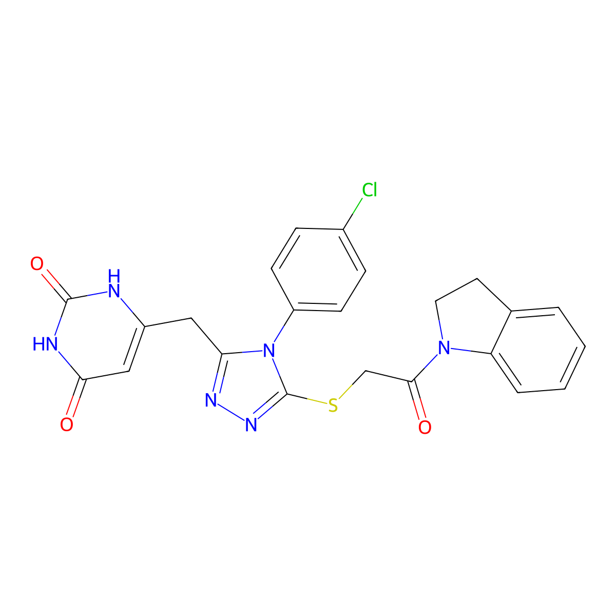 6-((4-(4-chlorophenyl)-5-((2-(indolin-1-yl)-2-oxoethyl)thio)-4H-1,2,4-triazol-3-yl)methyl)pyrimidine-2,4(1H,3H)-dione molecular structure, CAS 852154-70-2
