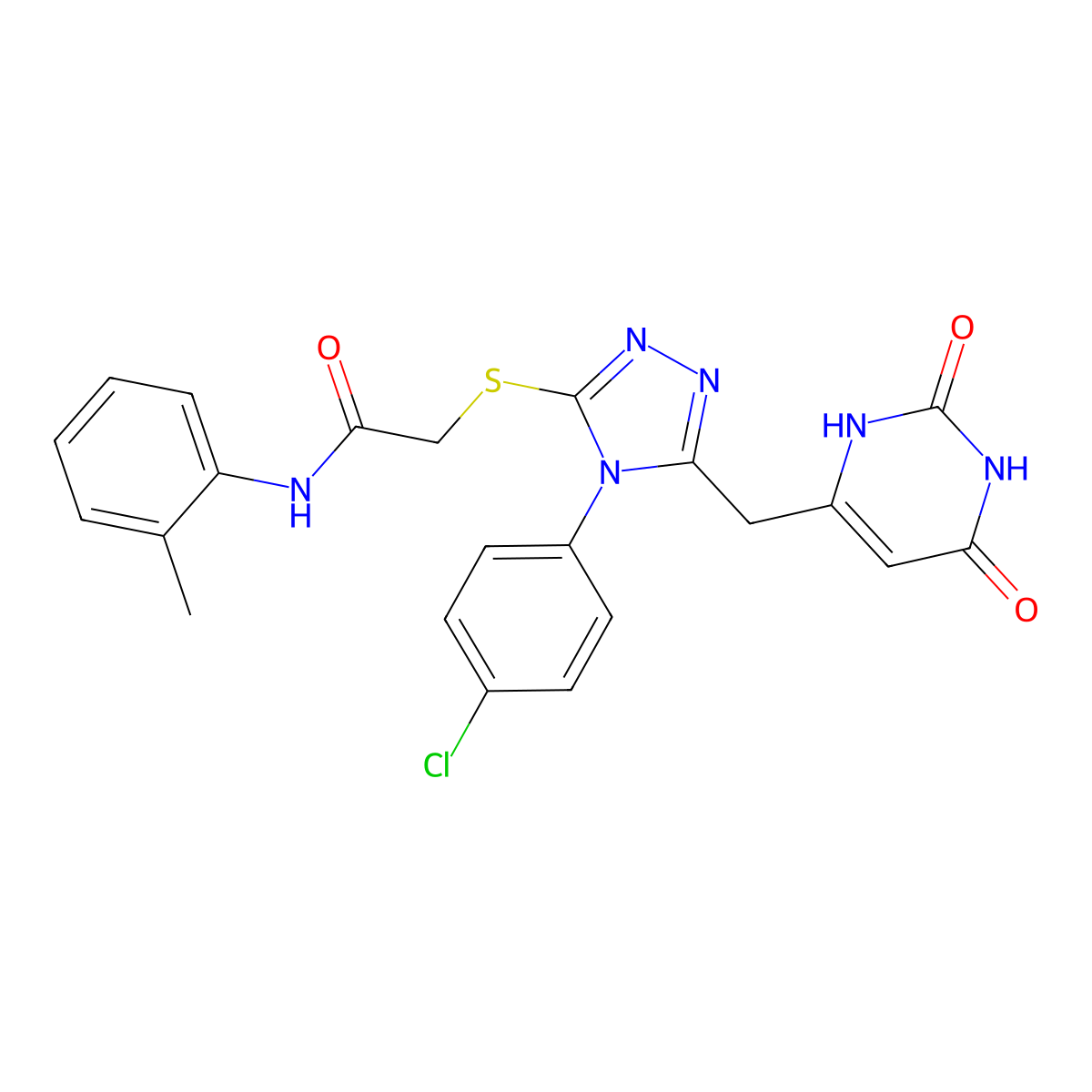 2-((4-(4-chlorophenyl)-5-((2,6-dioxo-1,2,3,6-tetrahydropyrimidin-4-yl)methyl)-4H-1,2,4-triazol-3-yl)thio)-N-(o-tolyl)acetamide molecular structure, CAS 852154-73-5