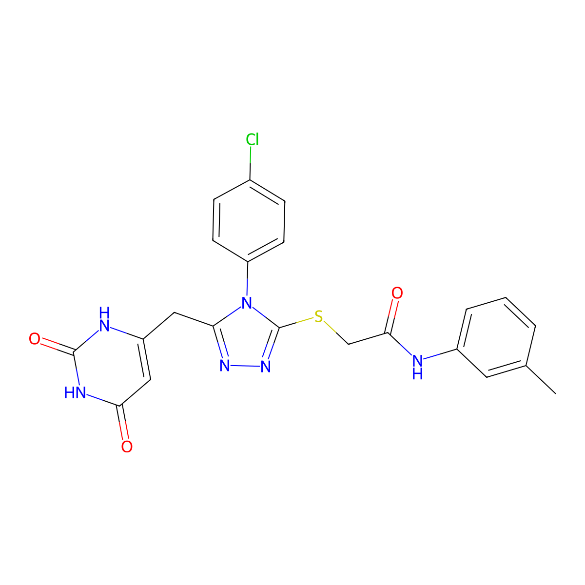 2-[[4-(4-chlorophenyl)-5-[(2,4-dioxo-1H-pyrimidin-6-yl)methyl]-1,2,4-triazol-3-yl]sulfanyl]-N-(3-methylphenyl)acetamide molecular structure, CAS 852154-74-6
