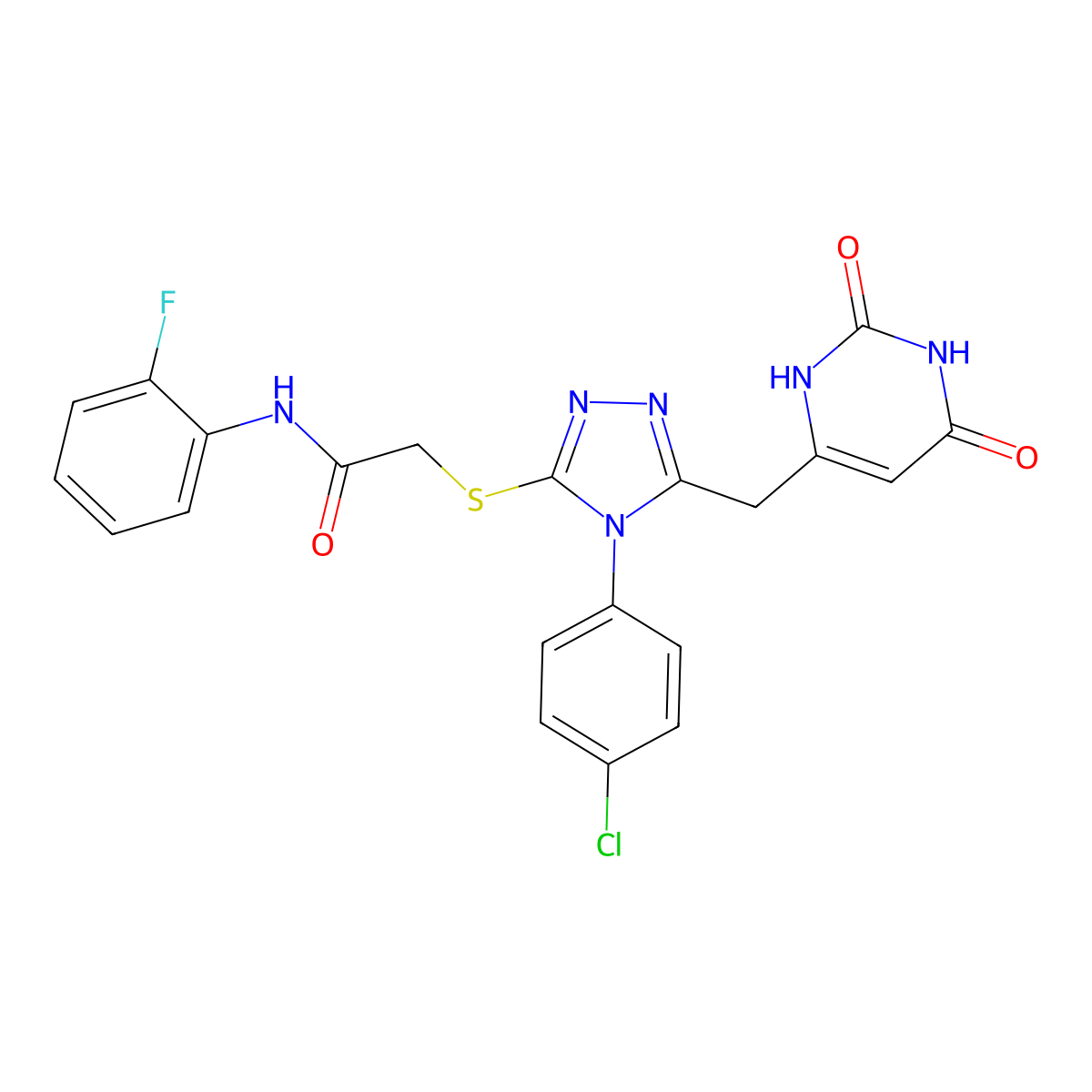 2-[[4-(4-chlorophenyl)-5-[(2,4-dioxo-1H-pyrimidin-6-yl)methyl]-1,2,4-triazol-3-yl]sulfanyl]-N-(2-fluorophenyl)acetamide molecular structure, CAS 852154-80-4