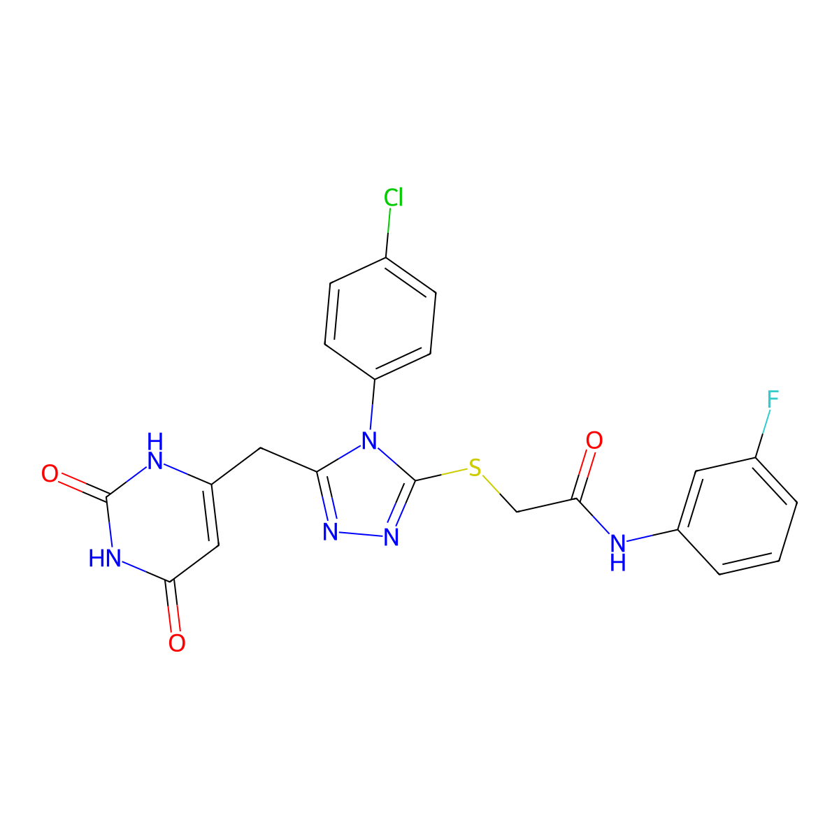 2-[[4-(4-chlorophenyl)-5-[(2,4-dioxo-1H-pyrimidin-6-yl)methyl]-1,2,4-triazol-3-yl]sulfanyl]-N-(3-fluorophenyl)acetamide molecular structure, CAS 852154-81-5
