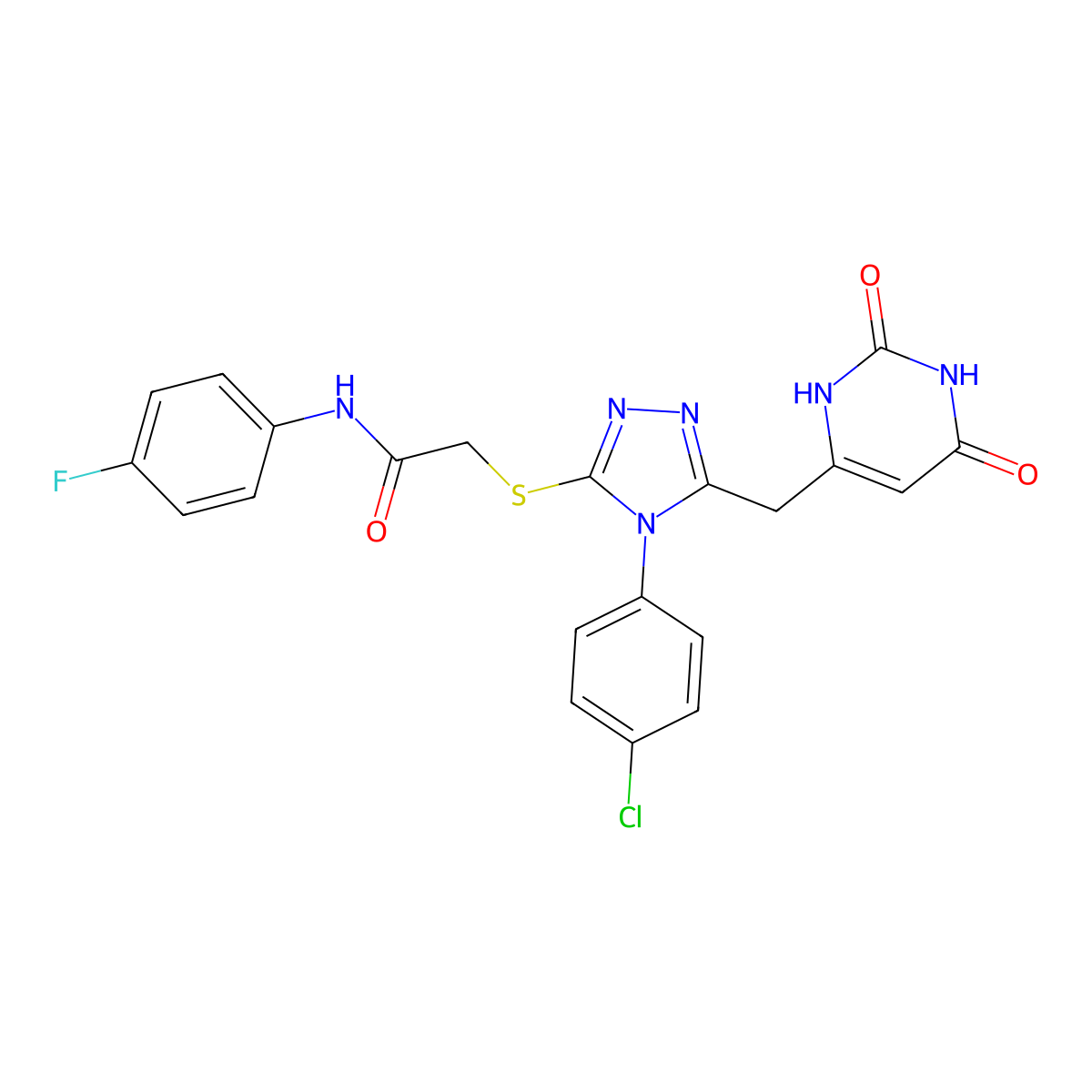 2-((4-(4-chlorophenyl)-5-((2,6-dioxo-1,2,3,6-tetrahydropyrimidin-4-yl)methyl)-4H-1,2,4-triazol-3-yl)thio)-N-(4-fluorophenyl)acetamide molecular structure, CAS 852154-82-6