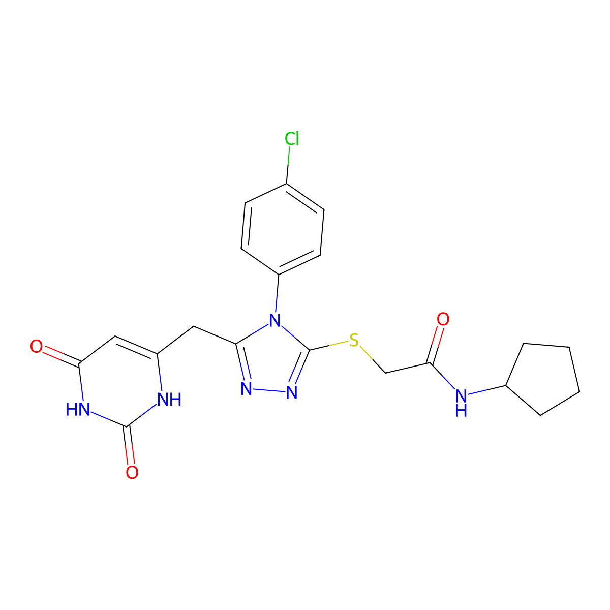2-[[4-(4-chlorophenyl)-5-[(2,4-dioxo-1H-pyrimidin-6-yl)methyl]-1,2,4-triazol-3-yl]sulfanyl]-N-cyclopentylacetamide molecular structure, CAS 852154-86-0