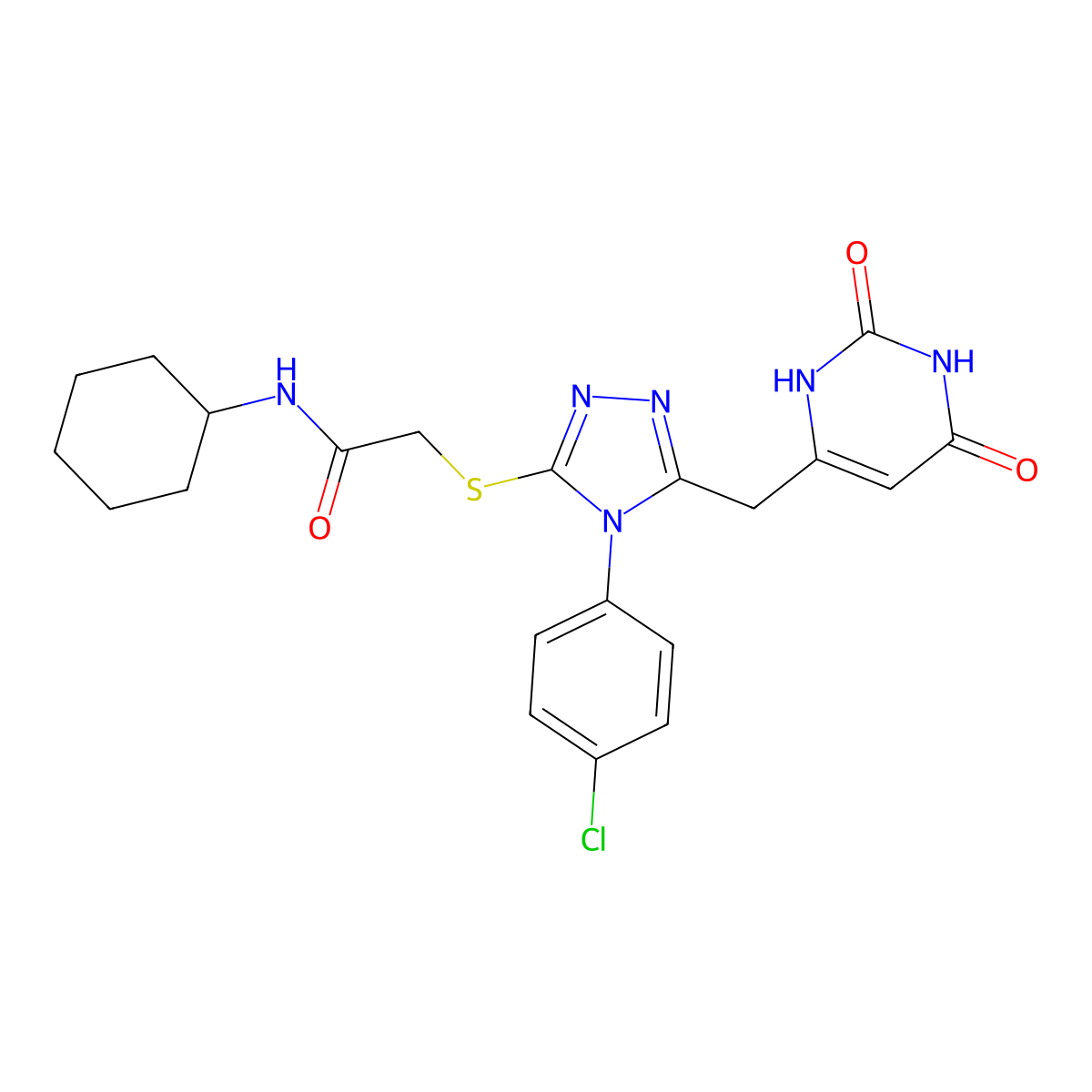 2-((4-(4-chlorophenyl)-5-((2,6-dioxo-1,2,3,6-tetrahydropyrimidin-4-yl)methyl)-4H-1,2,4-triazol-3-yl)thio)-N-cyclohexylacetamide molecular structure, CAS 852154-87-1