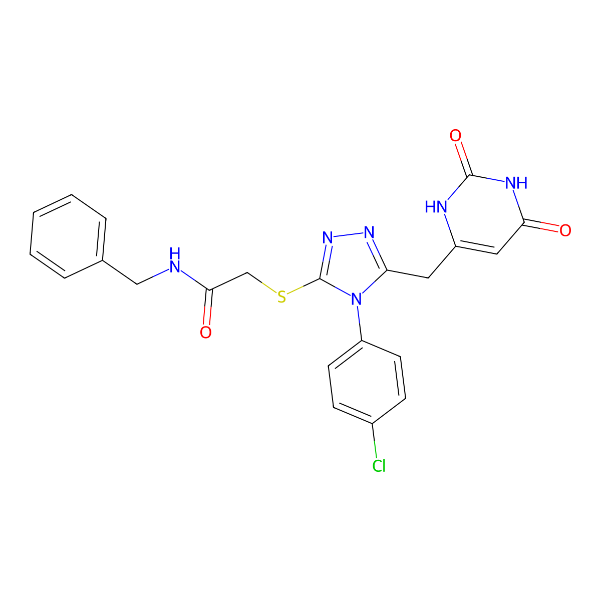 N-benzyl-2-[[4-(4-chlorophenyl)-5-[(2,4-dioxo-1H-pyrimidin-6-yl)methyl]-1,2,4-triazol-3-yl]sulfanyl]acetamide molecular structure, CAS 852154-88-2