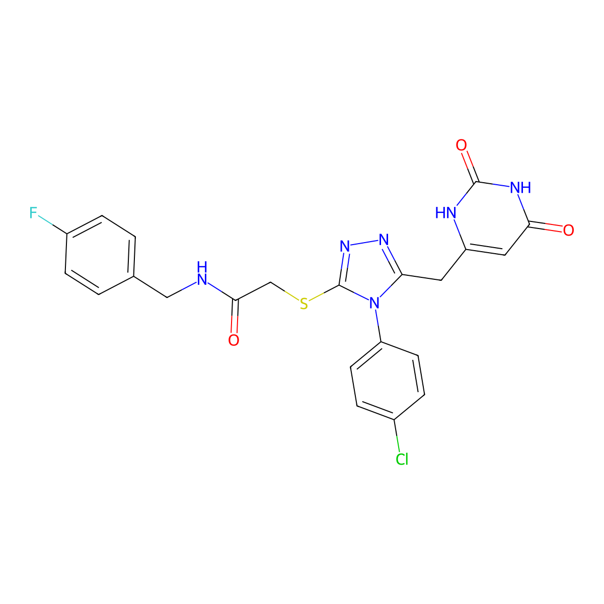 2-[[4-(4-chlorophenyl)-5-[(2,4-dioxo-1H-pyrimidin-6-yl)methyl]-1,2,4-triazol-3-yl]sulfanyl]-N-[(4-fluorophenyl)methyl]acetamide molecular structure, CAS 852154-89-3
