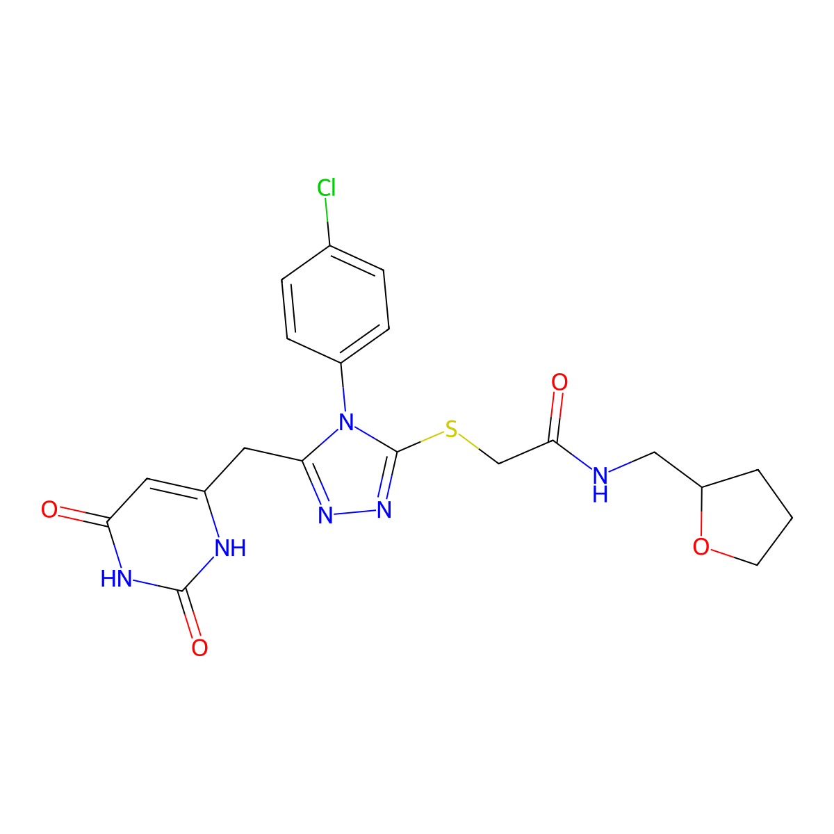 2-[[4-(4-chlorophenyl)-5-[(2,4-dioxo-1H-pyrimidin-6-yl)methyl]-1,2,4-triazol-3-yl]sulfanyl]-N-(oxolan-2-ylmethyl)acetamide molecular structure, CAS 852154-90-6
