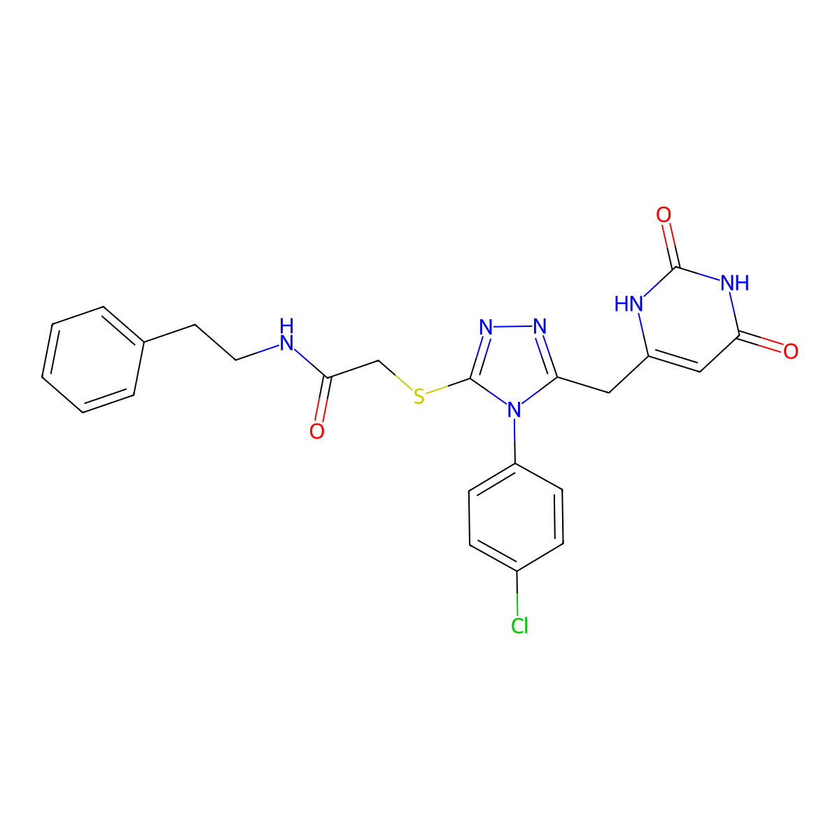2-((4-(4-chlorophenyl)-5-((2,6-dioxo-1,2,3,6-tetrahydropyrimidin-4-yl)methyl)-4H-1,2,4-triazol-3-yl)thio)-N-phenethylacetamide molecular structure, CAS 852154-91-7