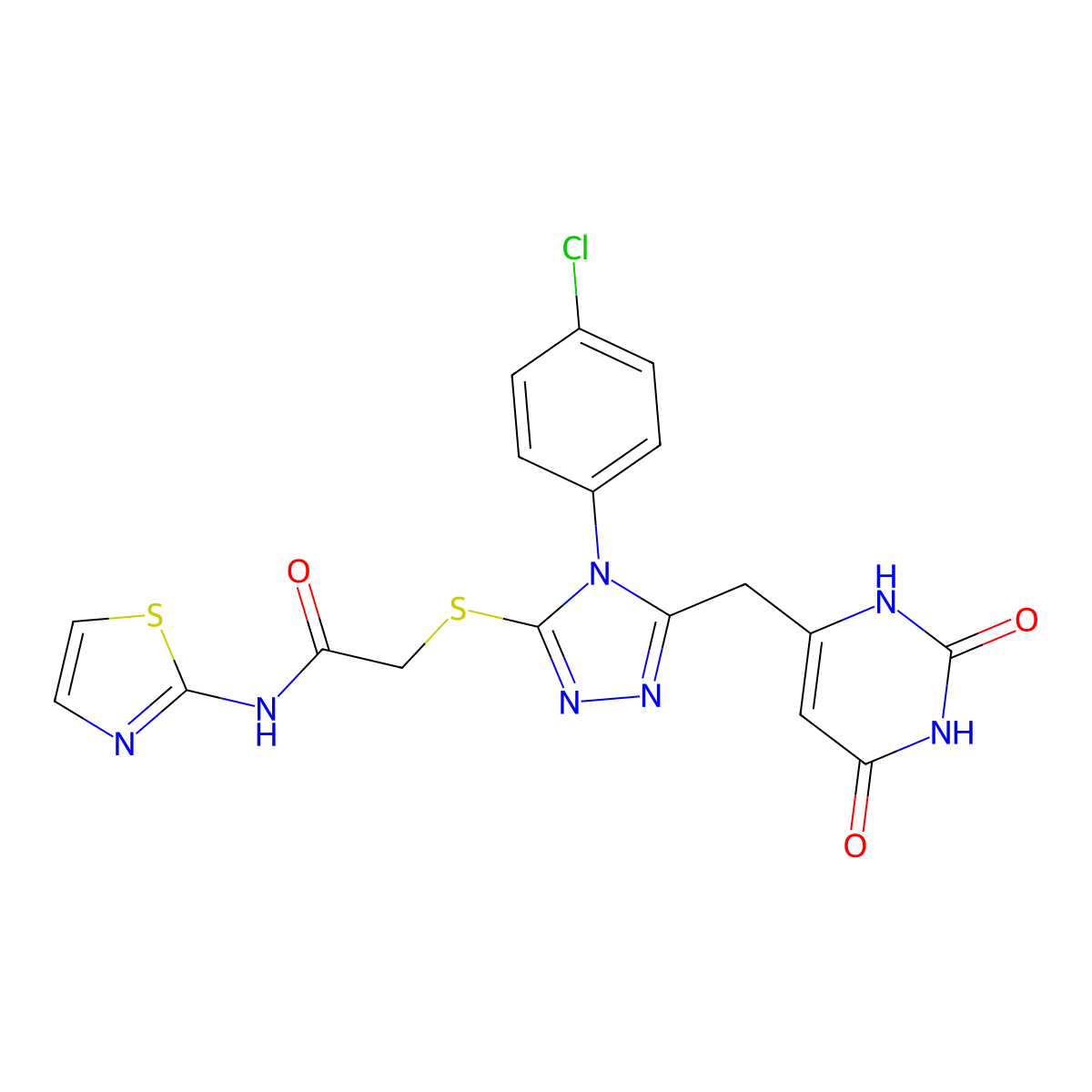 2-((4-(4-chlorophenyl)-5-((2,6-dioxo-1,2,3,6-tetrahydropyrimidin-4-yl)methyl)-4H-1,2,4-triazol-3-yl)thio)-N-(thiazol-2-yl)acetamide molecular structure, CAS 852154-92-8