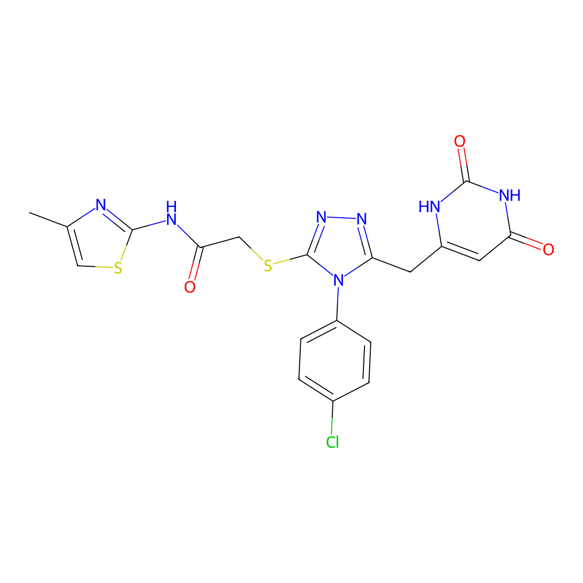 2-[[4-(4-chlorophenyl)-5-[(2,4-dioxo-1H-pyrimidin-6-yl)methyl]-1,2,4-triazol-3-yl]sulfanyl]-N-(4-methyl-1,3-thiazol-2-yl)acetamide molecular structure, CAS 852154-93-9