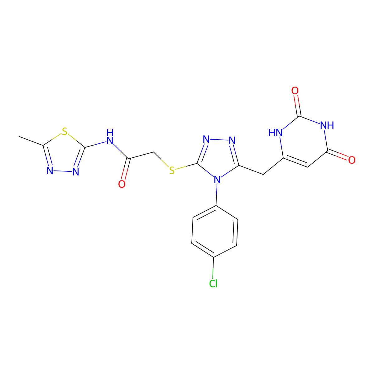 2-[[4-(4-chlorophenyl)-5-[(2,4-dioxo-1H-pyrimidin-6-yl)methyl]-1,2,4-triazol-3-yl]sulfanyl]-N-(5-methyl-1,3,4-thiadiazol-2-yl)acetamide molecular structure, CAS 852154-94-0