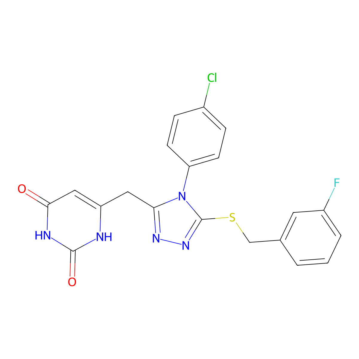 6-[[4-(4-chlorophenyl)-5-[(3-fluorophenyl)methylsulfanyl]-1,2,4-triazol-3-yl]methyl]-1H-pyrimidine-2,4-dione molecular structure, CAS 852154-97-3