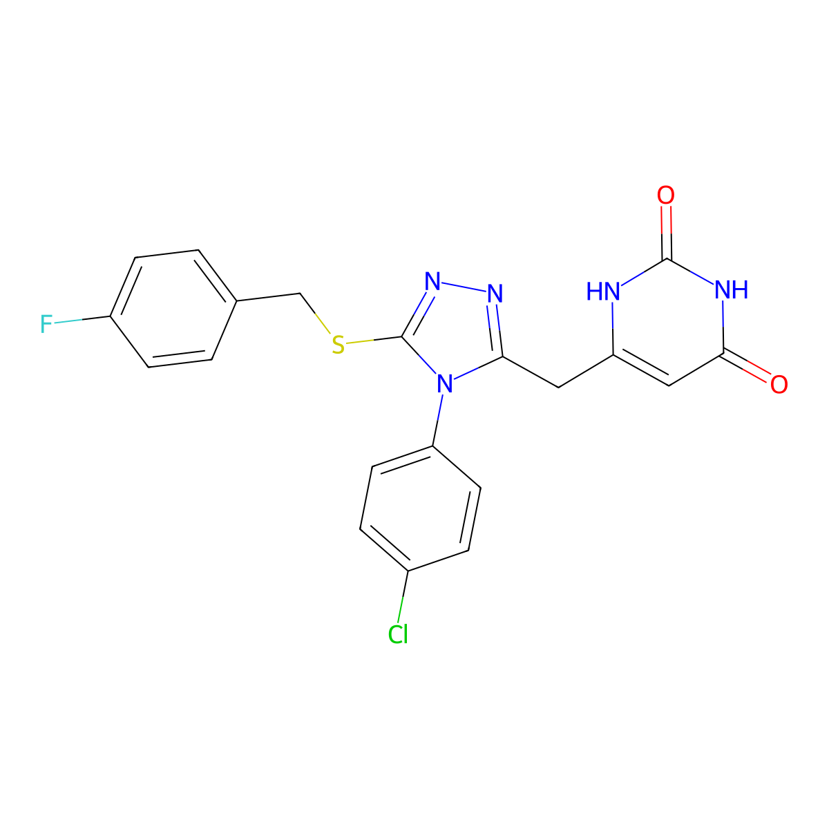 6-((4-(4-chlorophenyl)-5-((4-fluorobenzyl)thio)-4H-1,2,4-triazol-3-yl)methyl)pyrimidine-2,4(1H,3H)-dione molecular structure, CAS 852154-98-4