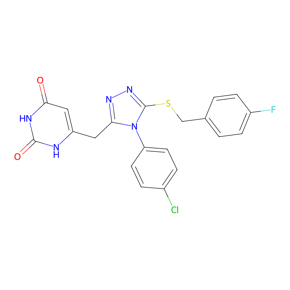 6-((4-(4-chlorophenyl)-5-((4-fluorobenzyl)thio)-4H-1,2,4-triazol-3-yl)methyl)pyrimidine-2,4(1H,3H)-dione molecular structure, CAS 852154-98-4