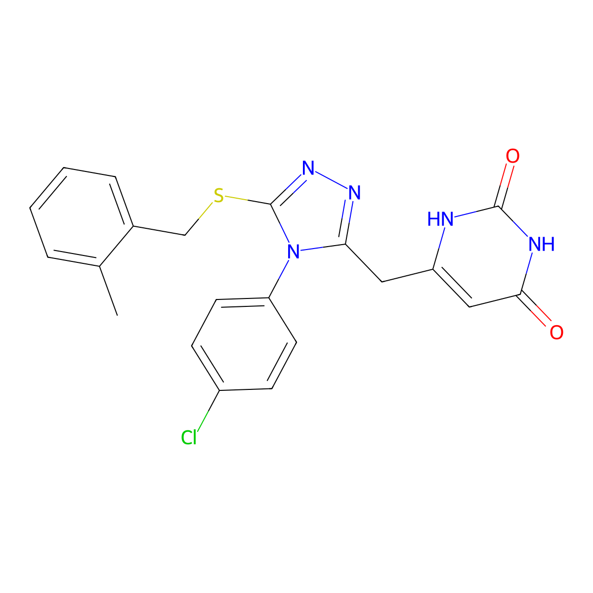 6-[[4-(4-chlorophenyl)-5-[(2-methylphenyl)methylsulfanyl]-1,2,4-triazol-3-yl]methyl]-1H-pyrimidine-2,4-dione molecular structure, CAS 852154-99-5